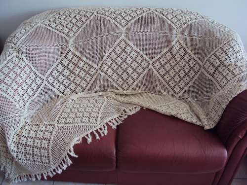Long beige crochet tablecloth or couch throw over, fringed tassle edge 2.2mtr x 1.37 mtr - VGC