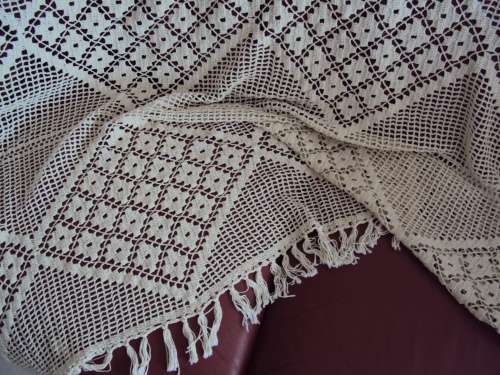 Long beige crochet tablecloth or couch throw over, fringed tassle edge 2.2mtr x 1.37 mtr - VGC