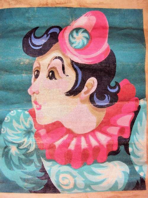Unworked Tapestry of clown to still embroider - pic size 49.5cm x40cm and 5cm border