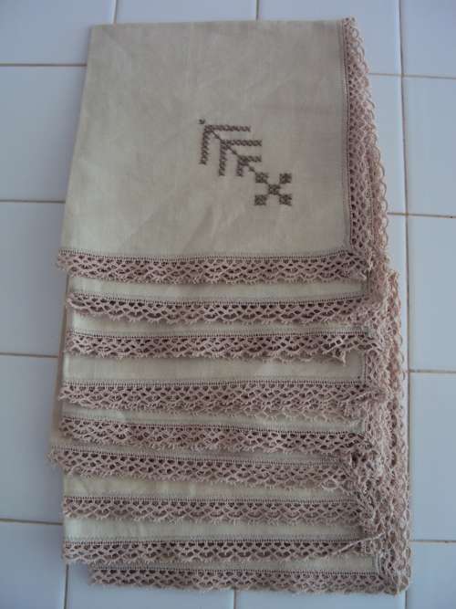 9 off cotton serviettes, hand cross stitch corner and lace edging -  Unused, Crisp VGC