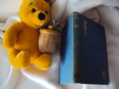 Winnie the Pooh collector book A.A. Milne 1970 reprint, blue cover gold letters & Pooh Bear plush