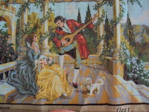 Large landscape Victorian romantic scene tapestry to embroider, with loads of DMC cotton skeins