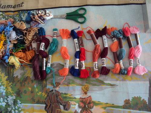 Large landscape Victorian romantic scene tapestry to embroider, with loads of DMC cotton skeins