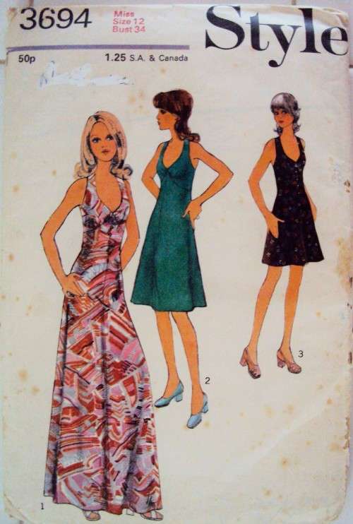 Vintage ladies halterneck dress in two lengths Size 12 (bust 34) - cut pattern, age wear & tear