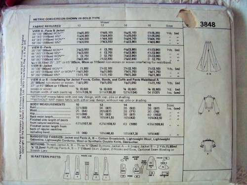 Vintage McCall's 3848 WOW...BELL BOTTOMS!! Size 12 (87cm bust) incomplete jkt facing missing