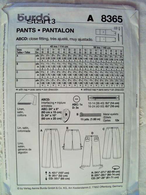 BURDA 8365 Ladies Pants & shorts various lengths Size 10-24  **COMPLETE, checked, good