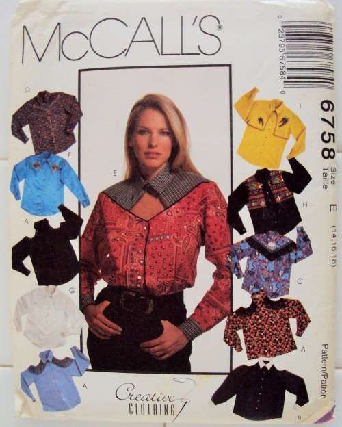Vintage McCall's 6758 Country & Western Ladies Shirts  Size 14, 16, 18  **UNCUT, factory folded