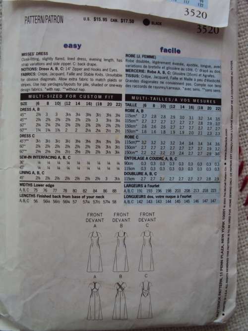 Butterick 3520 Evening Dress with back variation Size 12-14-16 **Complete chkd Good Cond