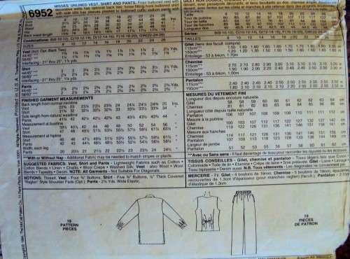 EASY McCall's 6952 Unlined Vest, shirt & Pants Size 12-16 ***Complete (env wear & tear)
