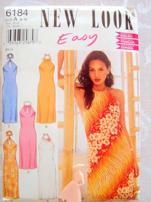 Easy NEW LOOK 6184 Mod Summer halterneck Dress Size 6-16 (6size in 1)  **UNCUT, factory FOLD