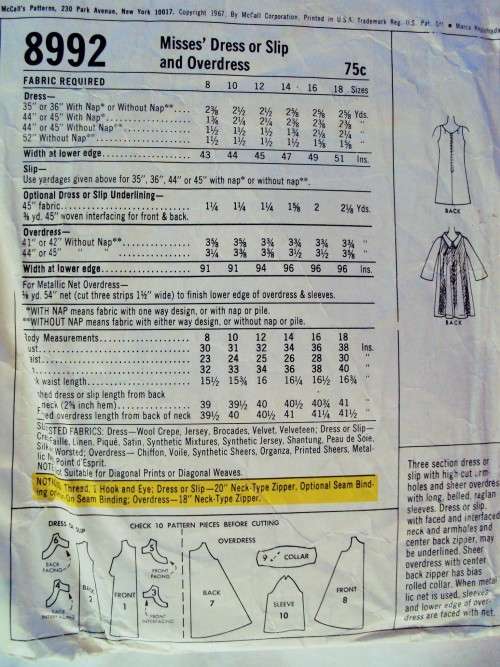 60's Vintage McCall's 8992 Dress & sheer overdress/Slip Size 10 (bust 31") **incomplete No 3 facing