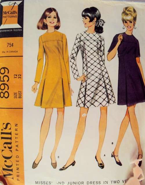 60's Vintage Dress long/short sleeves McCall's 8959 Size 12 (81cm)  **Complete & checked