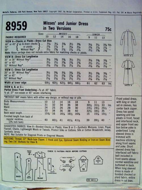 60's Vintage Dress long/short sleeves McCall's 8959 Size 12 (81cm)  **Complete & checked