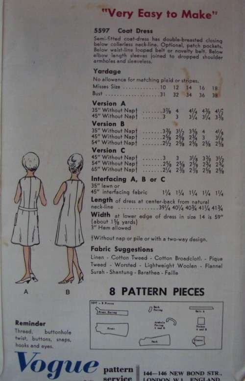 Coat dress double-breasted closure Vogue 5597 Size 16 (bust 91cm)  **Complete & checked