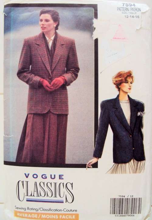Semi fitted lined jacket Vogue 7594 Classics Size 12-14-16 **COMPLETE & checked 80's vintage
