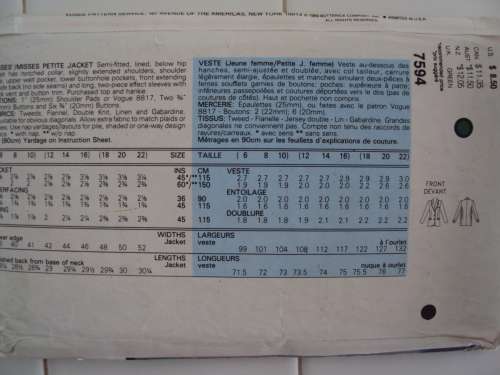 Semi fitted lined jacket Vogue 7594 Classics Size 12-14-16 **COMPLETE & checked 80's vintage