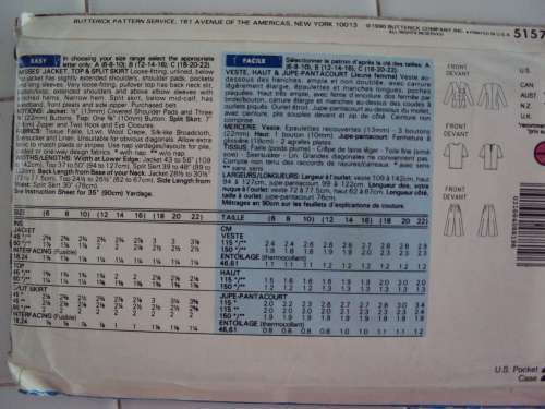 Easy Split skirt/culottes Top & Jacket Size 12-14-16 Butterick 5157  ***Uncut factory fold