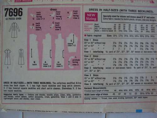 Antique 60's Dress collar variation Simplicity 7696 Size 12 1/2 bust 35"  **Complete & checked