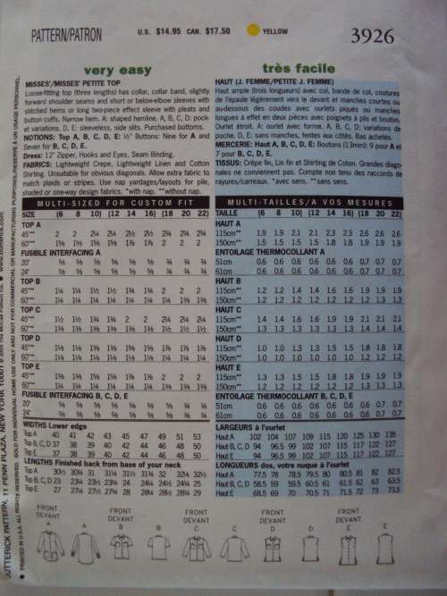 EASY loose fit tops Butterick 3926 Size 6-8-10 ***COMPLETE & checked