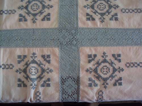 Large Tablecloth 228cmx143cm hand cross stitch embroidery Dusty Pink panels with lots of cotton lace