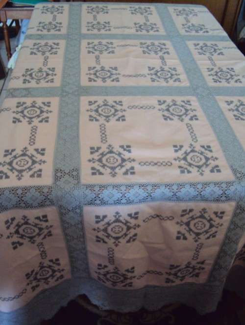 Large Tablecloth 228cmx143cm hand cross stitch embroidery Dusty Pink panels with lots of cotton lace