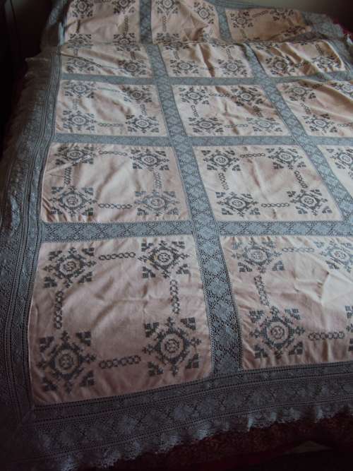Large Tablecloth 228cmx143cm hand cross stitch embroidery Dusty Pink panels with lots of cotton lace