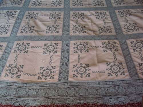 Large Tablecloth 228cmx143cm hand cross stitch embroidery Dusty Pink panels with lots of cotton lace