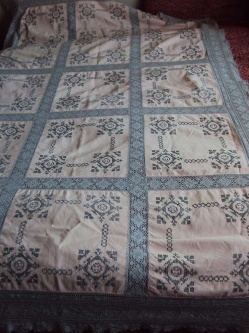Large Tablecloth 228cmx143cm hand cross stitch embroidery Dusty Pink panels with lots of cotton lace