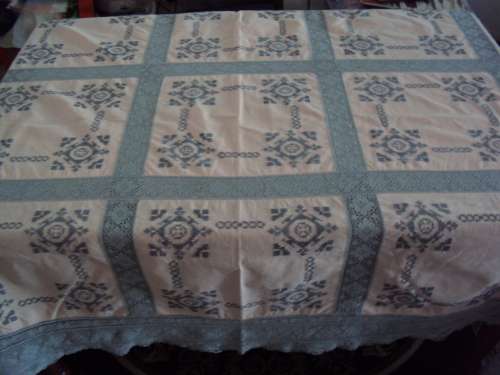 Large Tablecloth 228cmx143cm hand cross stitch embroidery Dusty Pink panels with lots of cotton lace