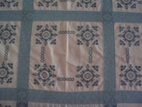 Large Tablecloth 228cmx143cm hand cross stitch embroidery Dusty Pink panels with lots of cotton lace