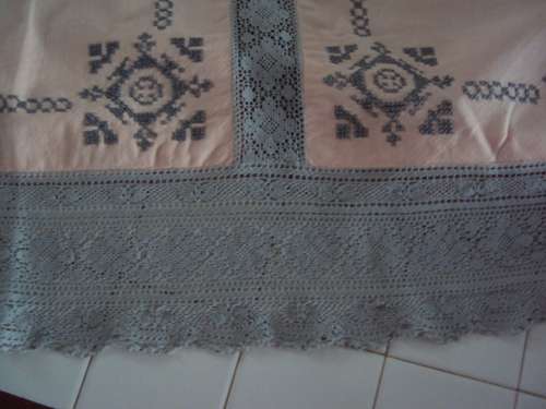 Large Tablecloth 228cmx143cm hand cross stitch embroidery Dusty Pink panels with lots of cotton lace