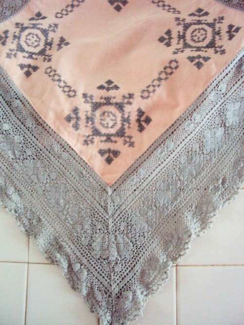 Large Tablecloth 228cmx143cm hand cross stitch embroidery Dusty Pink panels with lots of cotton lace