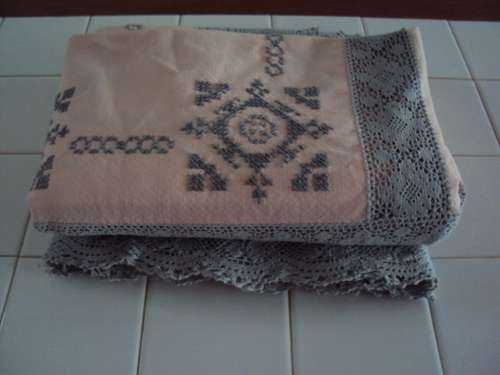 Large Tablecloth 228cmx143cm hand cross stitch embroidery Dusty Pink panels with lots of cotton lace