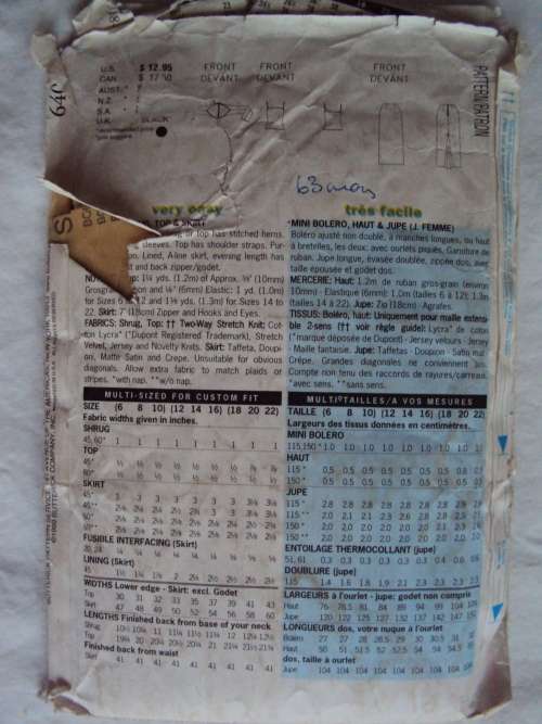 Shrug Top & Skirt Butterick 6401 Size 18-20-22 **Complete & chkd **env much wear&tear 90's