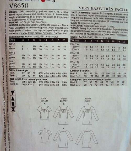 Loose fit pullover tops Vogue V8650 Size 14-20 ***Complete/checked VGC