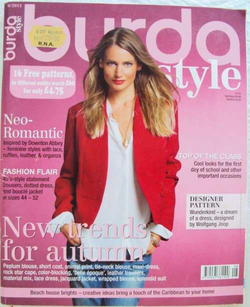BURDA Style 8/2013 mag + Designer pattern in pattern insert **Good cond
