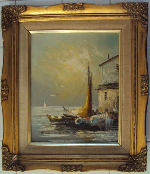 Original painting signed by B. Hall on hard board in ornate vintage frame Good Cond