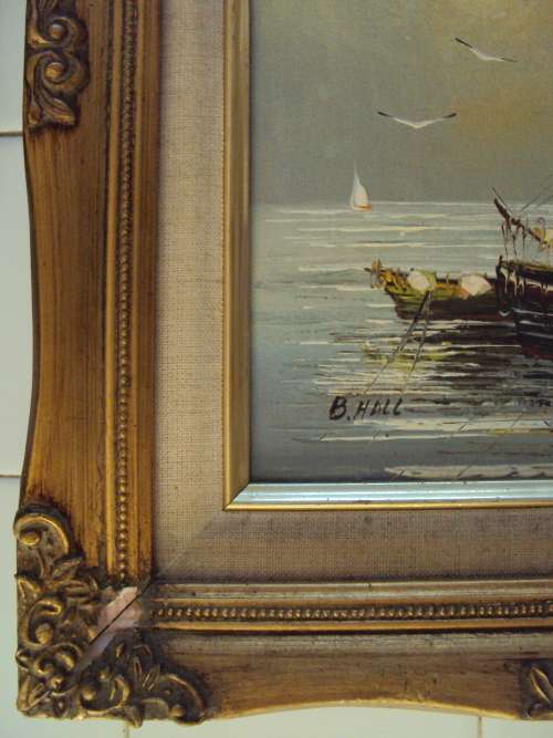 Original painting signed by B. Hall on hard board in ornate vintage frame Good Cond