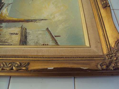 Original painting signed by B. Hall on hard board in ornate vintage frame Good Cond