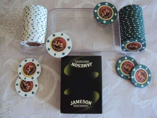 Jameson casino chips in original holder with pack of cards 20 x white chips & 20 x green chips