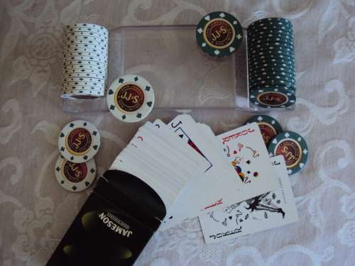Jameson casino chips in original holder with pack of cards 20 x white chips & 20 x green chips