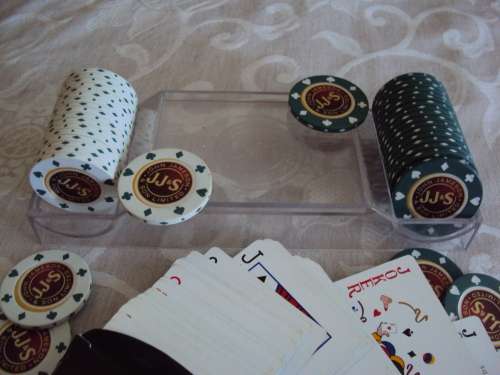 Jameson casino chips in original holder with pack of cards 20 x white chips & 20 x green chips