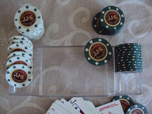 Jameson casino chips in original holder with pack of cards 20 x white chips & 20 x green chips