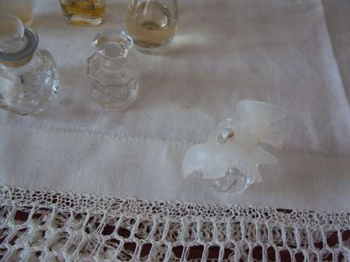 Job Lot 6 x miniature glass perfume bottles (empty) one is L'Air du Temps Kissing doves