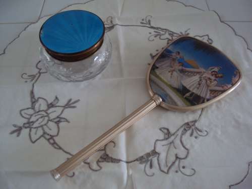 Vintage Dressing table set hand mirror & glass lidded cottonwool holder
