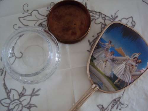 Vintage Dressing table set hand mirror & glass lidded cottonwool holder