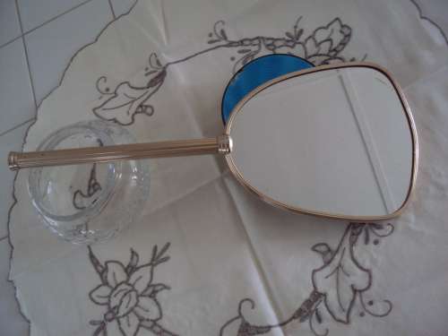 Vintage Dressing table set hand mirror & glass lidded cottonwool holder