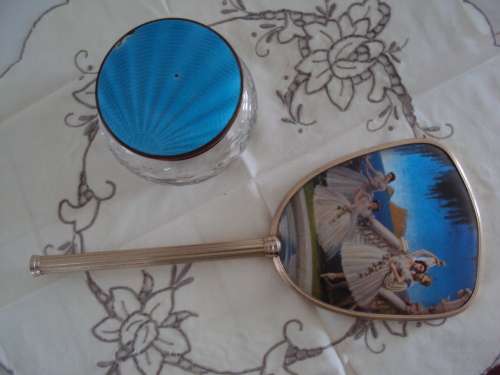 Vintage Dressing table set hand mirror & glass lidded cottonwool holder