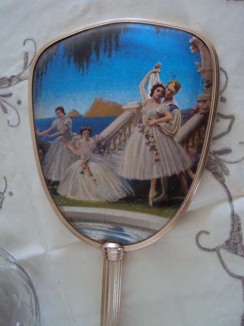 Vintage Dressing table set hand mirror & glass lidded cottonwool holder