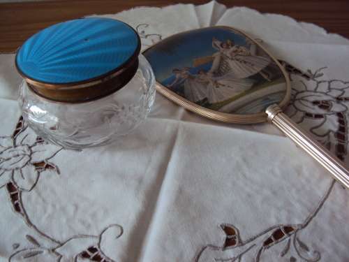 Vintage Dressing table set hand mirror & glass lidded cottonwool holder